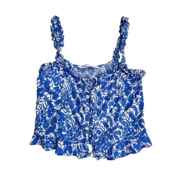 Zara Blue & White Floral Ruffle Crop Tank Top - Size Medium - Picture 3 of 9